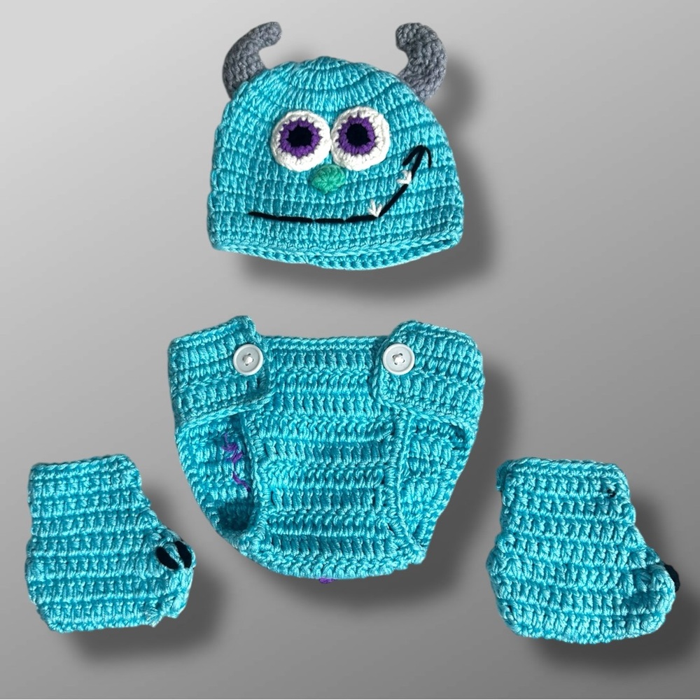 Newborn Crochet Monster Costume Set 3 Blue Beanie Diaper Cover Bootie Photo Prop